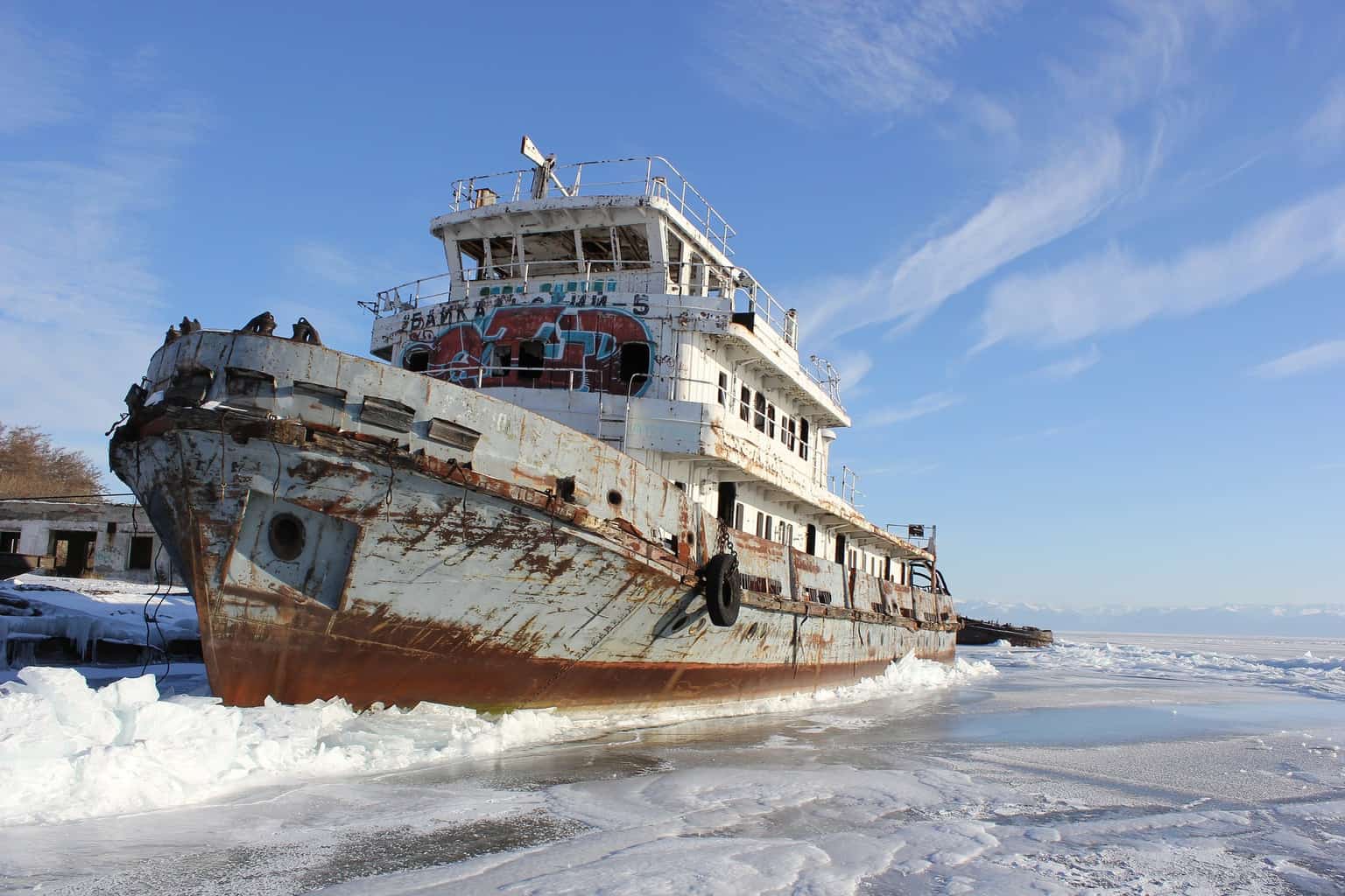 ship on frozen lake baikal